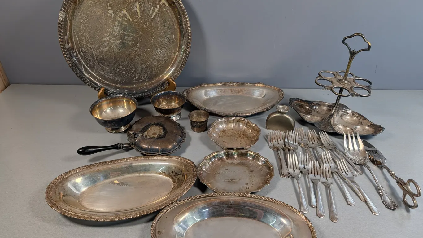 Large Lot of Silverplate Serving Wares and Flatware with Sterling Tong handles.