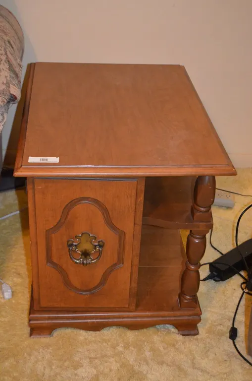 Wooden End Table w/ Cabinet & Shelves