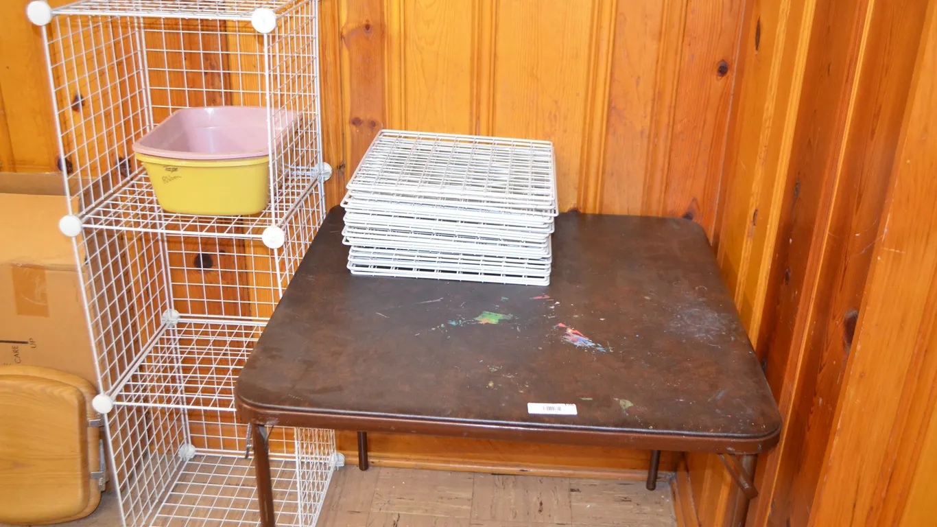 Card Table, Wire Cube Shelving