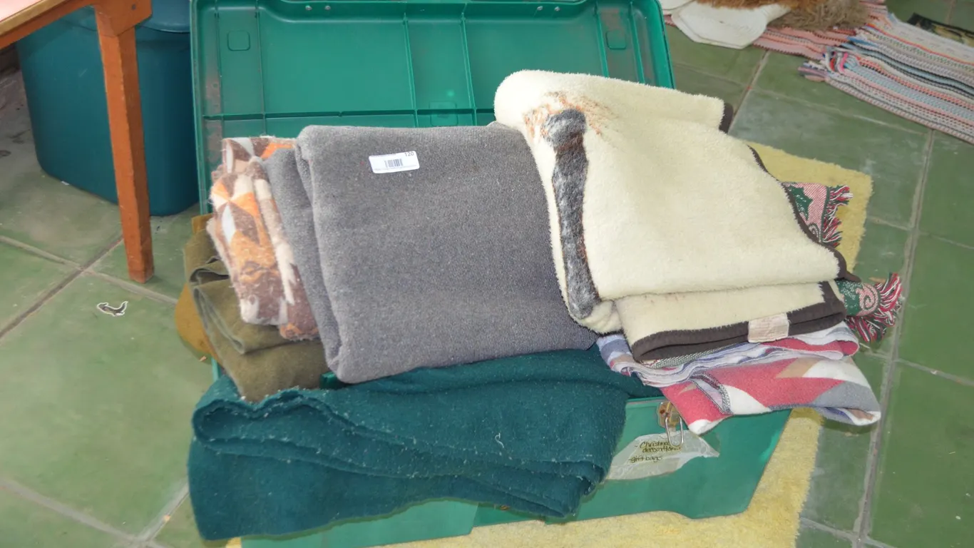 Plastic Tote w/ Misc. Blankets