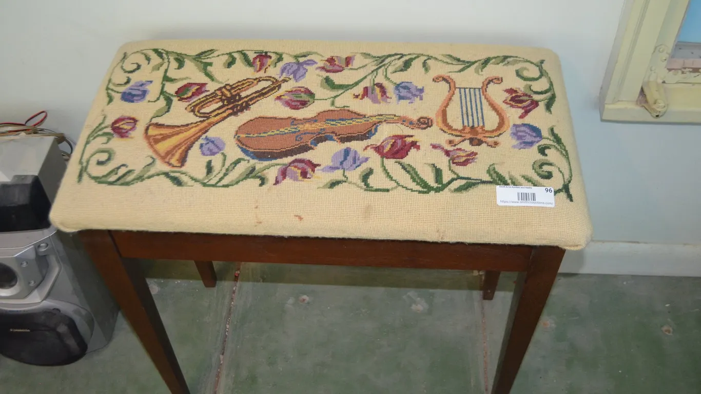 Wooden Piano Bench w/ Cross Stitched Cushion