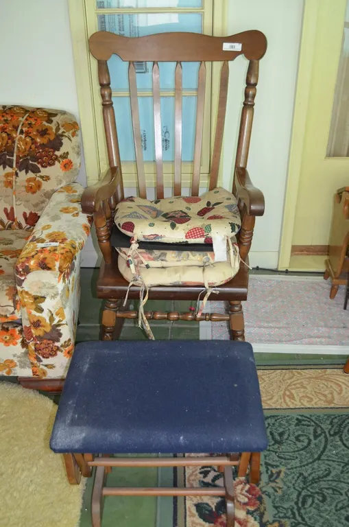 Wooden Rocking Chair, Ottoman, Cushions