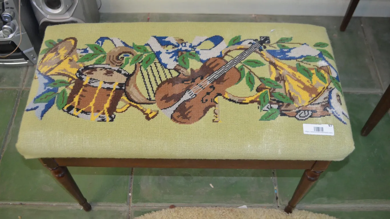 Wooden Piano Bench w/ Cross Stitched Cushion