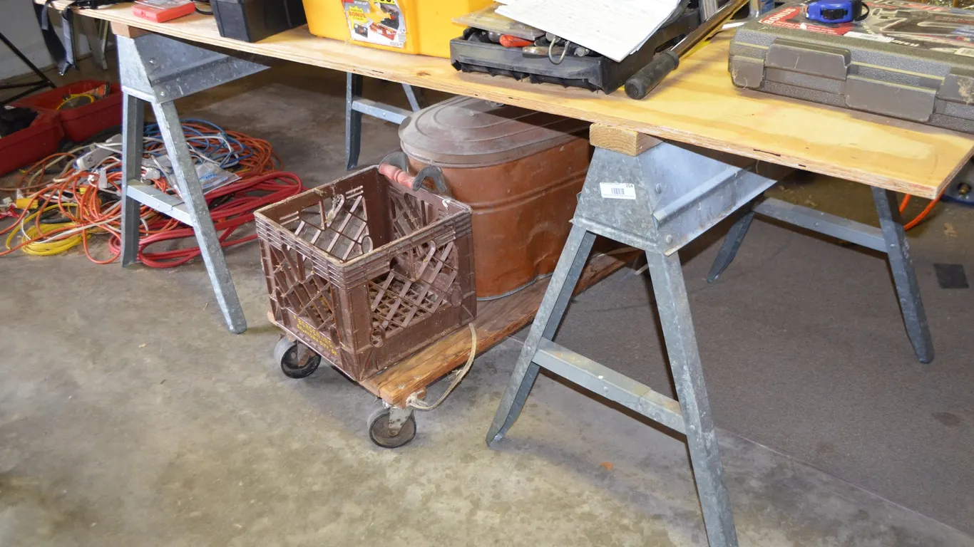 2 Metal Sawhorses, Wooden Dolly on Wheels,