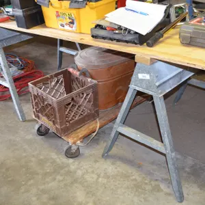 2 Metal Sawhorses, Wooden Dolly on Wheels,
