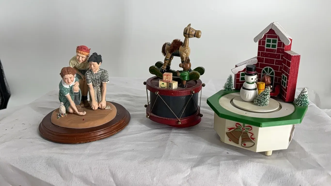2 MUSIC BOXES-HALLMARK NORMAN ROCKWELL PORCELAIN KIDS PLAYING MARBLES