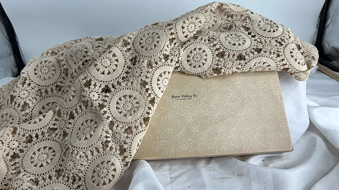 SQUARE CLOTHING CO. HUTCHINSON MINN. CROCHETED TABLE CLOTH 60”x60”