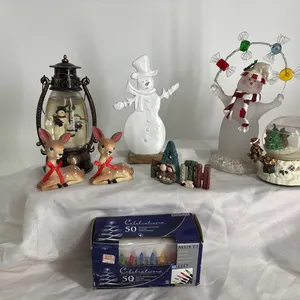 SNOW GLOBES-SNOWMEN-2 REINDEER-LIGHTS-NATIVITY DECORATION