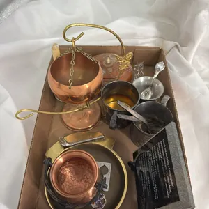 TRINKET BOXES-SILVER CUPS AND SILVERWARE-COPPER AND BRASS ITEMS-GLASS CAT