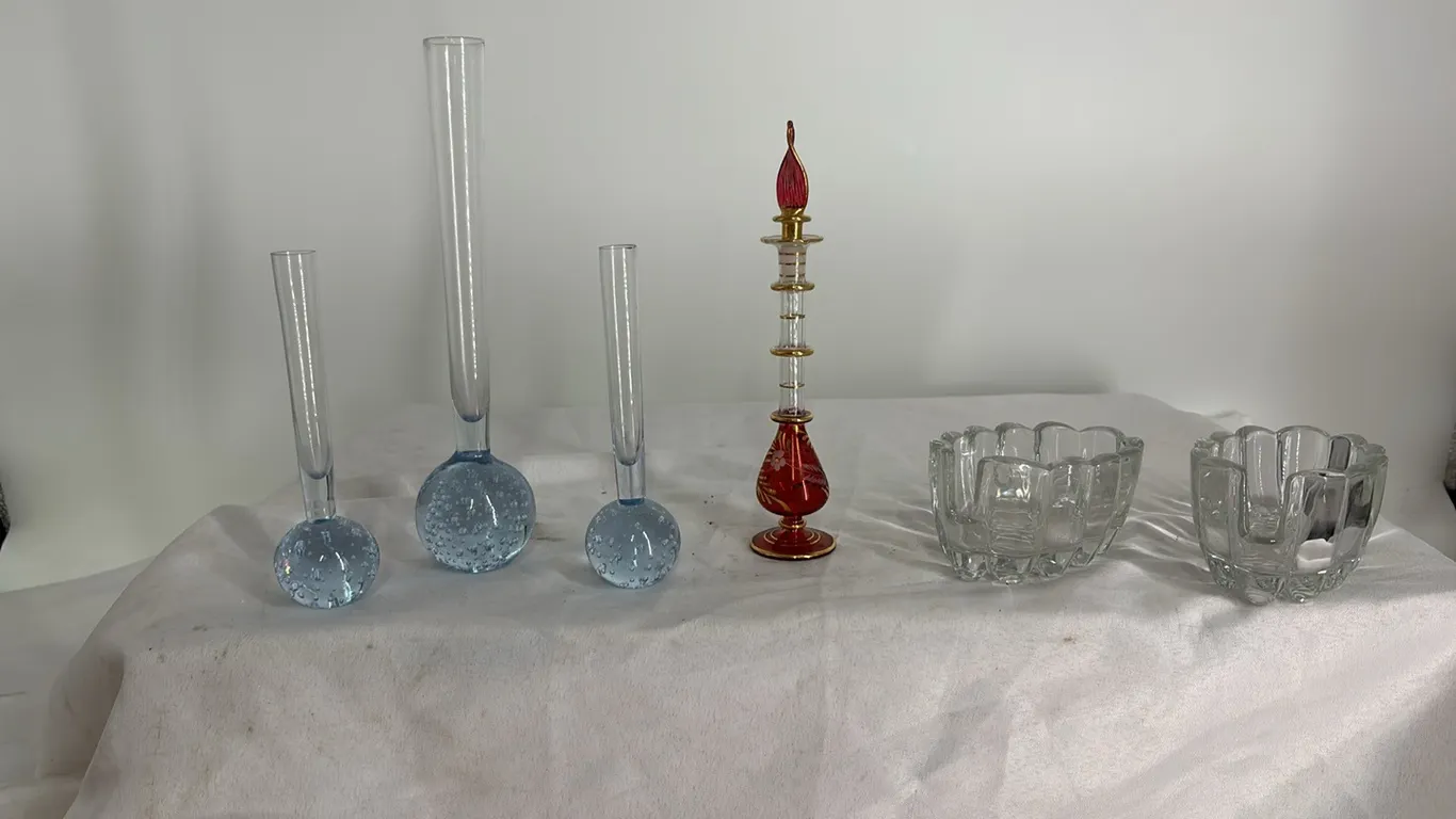 BLOWN GLASS BUD VASES-PURFUM BOTTLE-2 GLASS SPOON REST