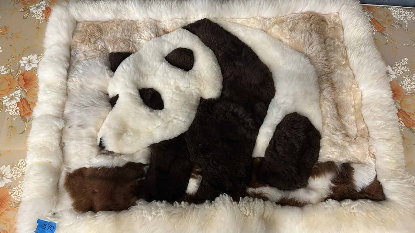 FUR SURE 100% ALPACA FUR THROW WITH PANDA BEAR ON FRONT 32”x42”