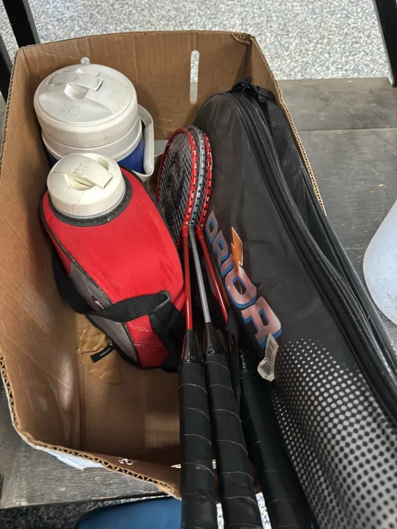 IGLOO WATER JUG-TENNIS RACKETS AND BADMITTEN RACKS-SLEEPING BAG