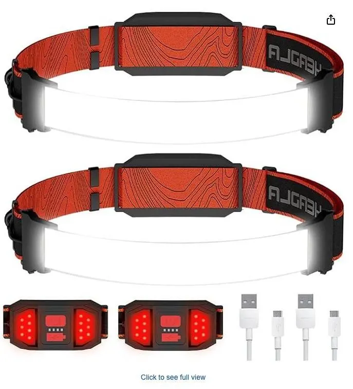 GETOVIN Headlamp Rechargeable, 2-Pack Head Lamp Flashlight Broad Beam USB LED Headlight with Red Saf