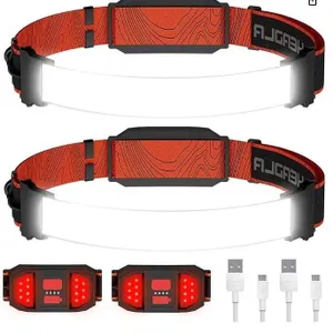 GETOVIN Headlamp Rechargeable, 2-Pack Head Lamp Flashlight Broad Beam USB LED Headlight with Red Saf