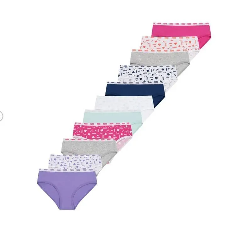 Puma Girls' 11-Pack Cotton Blend Bikini Underwear Size M **Colors May Vary**