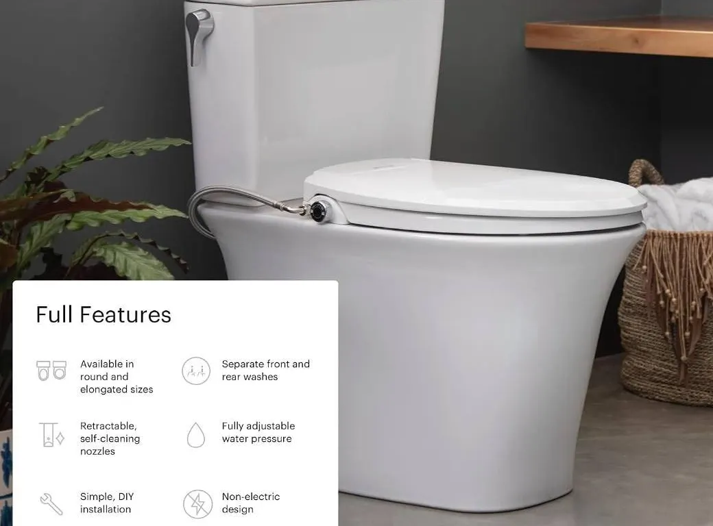 Brondell Swash Ecoseat Non-Electric Bidet Toilet Seat, White - Dual Nozzle System, Ambient Water Tem