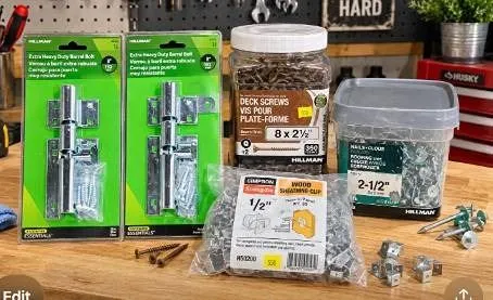 Hardware Lot: Barrel Bolts, Deck Screws, Nails, Sheathing Clips