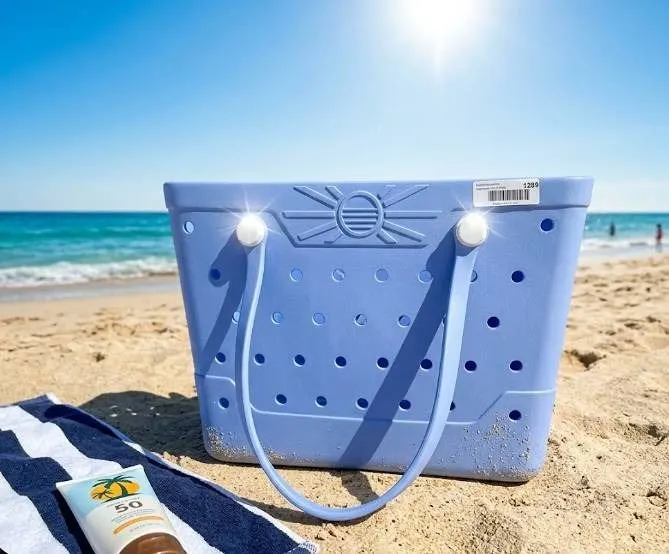 Blue Perforated Plastic Tote Basket with Handles