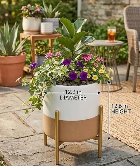 Rivet Mid-Century Ceramic Planter with Iron Stand White and Tan