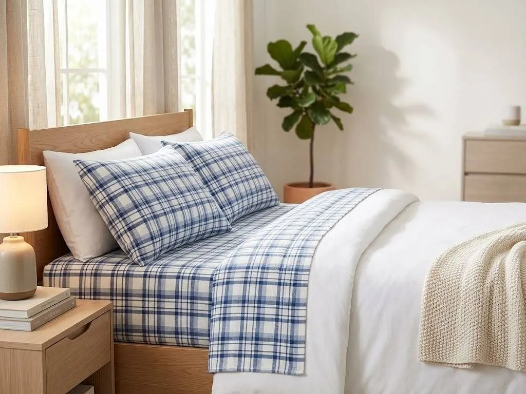 Queen Size Blue Plaid Flannel Sheet Set
