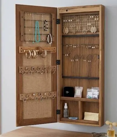 Standing Mirror Wood Jewelry Cabinet 47x14x4 Inch