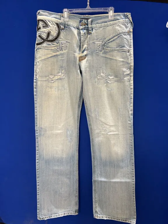 Gucci Men's Light Wash Distressed Denim Jeans, Size 36