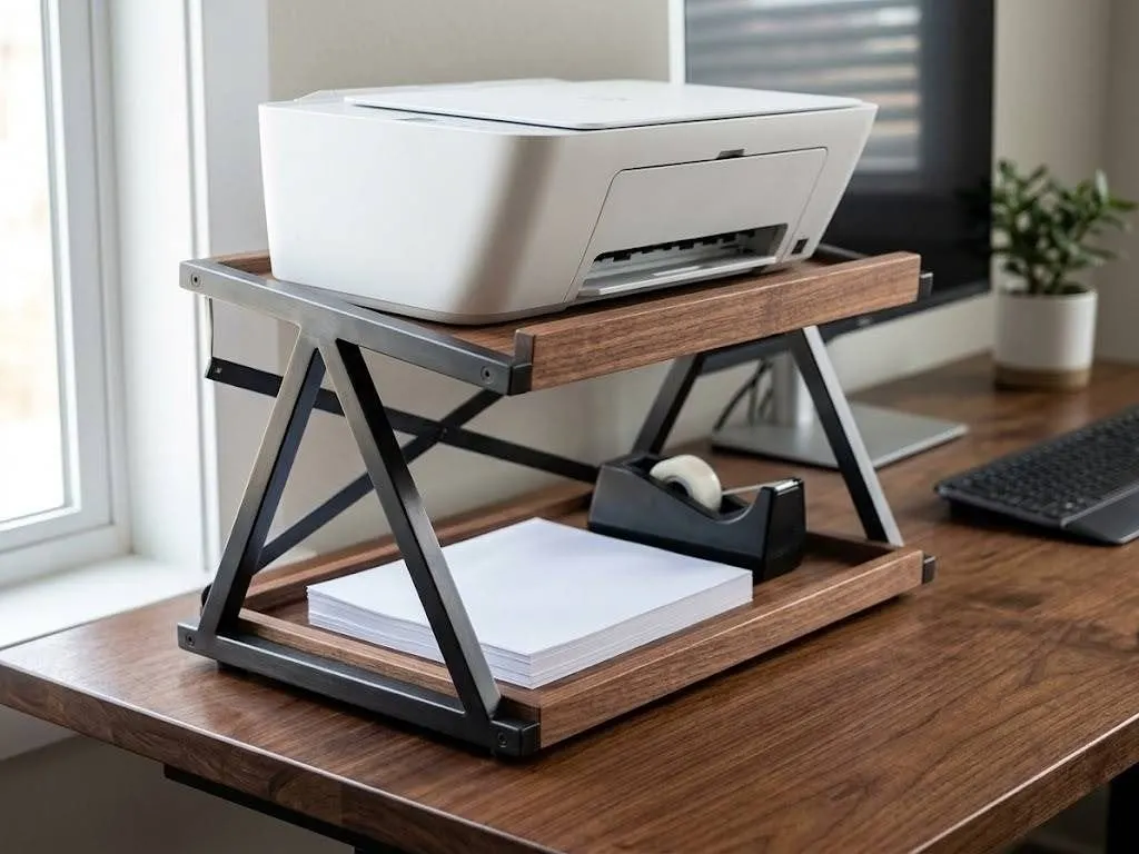 Fydeamer Printer Stand Desk Organizer Wood and Metal
