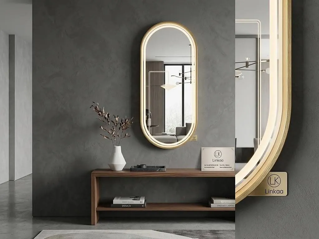 Linkaa Brass Oval LED Mirror 20in Backlit Stainless Steel