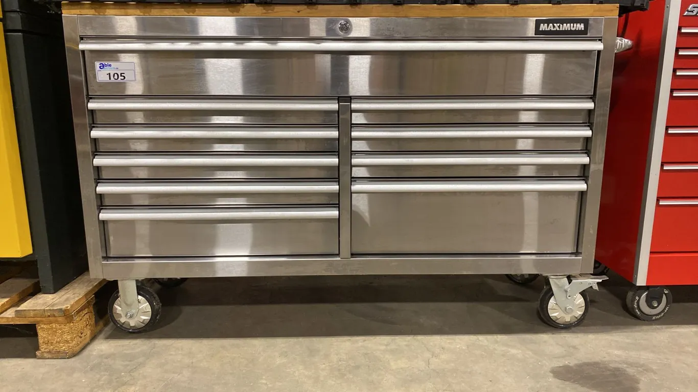 HUSKY STAINLESS STEEL WOOD TOP 10 DRAWER LOCKING MOBILE TOOL CHEST *HAS KEY*