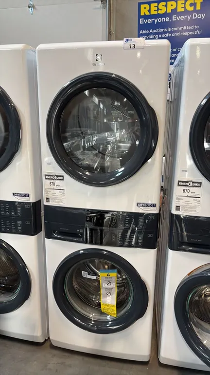 ELECTROLUX ELTE730CAW2 STACKED SINGLE CHASSIS FRONT LOAD LAUNDRY TOWER UNIT 27X32X76 INCHES