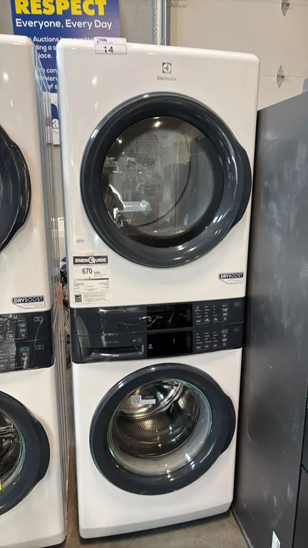 ELECTROLUX ELTE730CAW1 STACKED SINGLE CHASSIS FRONT LOAD LAUNDRY TOWER UNIT 27X32X76 INCHES
