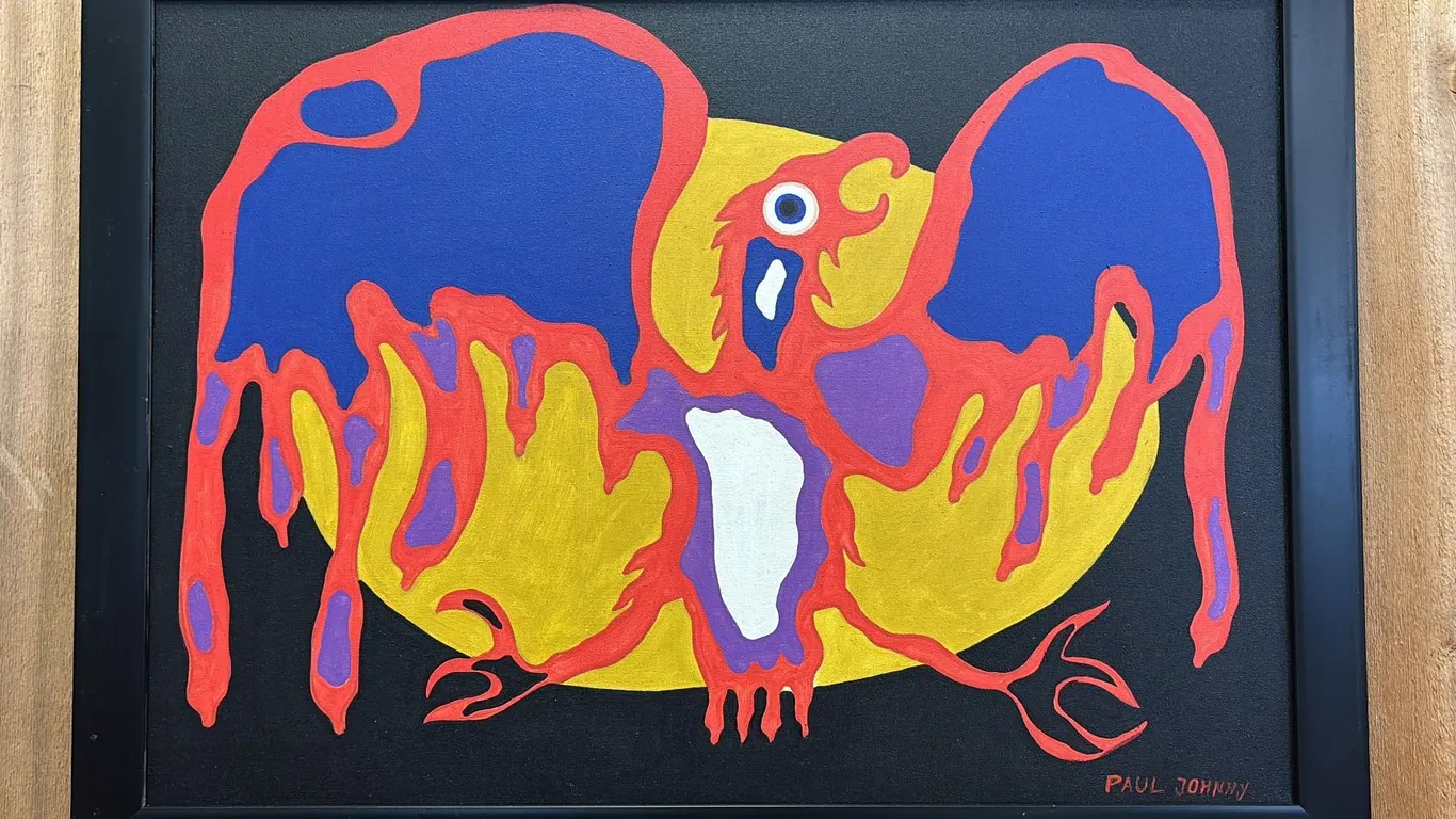 ORIGINAL FIRST NATIONS FRAMED OIL ON CANVAS BY PAUL JOHNNY: APPROX. 31" X 23"