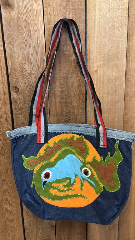ORIGINAL PAUL JOHNNY WEARABLE ART DENIM BAG WITH HAND-STITCH FLANNEL APPLIQUE DESIGN