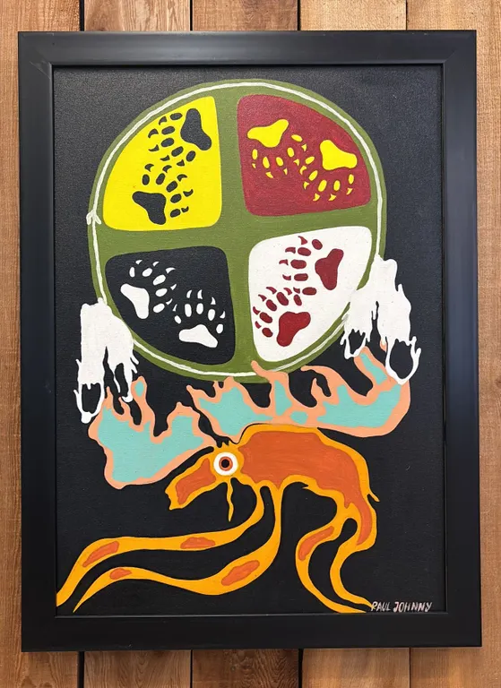 ORIGINAL FIRST NATIONS FRAMED OIL ON CANVAS BY PAUL JOHNNY: APPROX. 31" X 23"