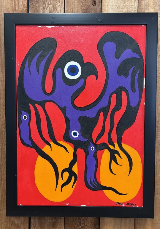 ORIGINAL FIRST NATIONS FRAMED OIL ON CANVAS BY PAUL JOHNNY: APPROX. 31" X 23"