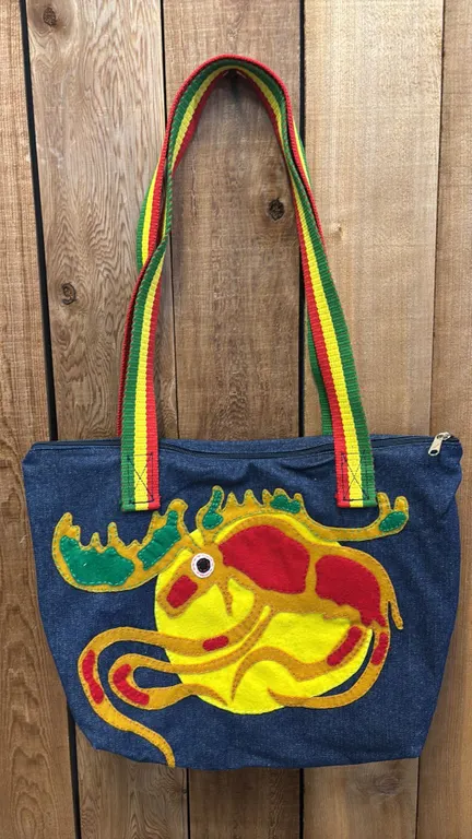 ORIGINAL PAUL JOHNNY WEARABLE ART DENIM BAG WITH HAND-STITCH FLANNEL APPLIQUE DESIGN