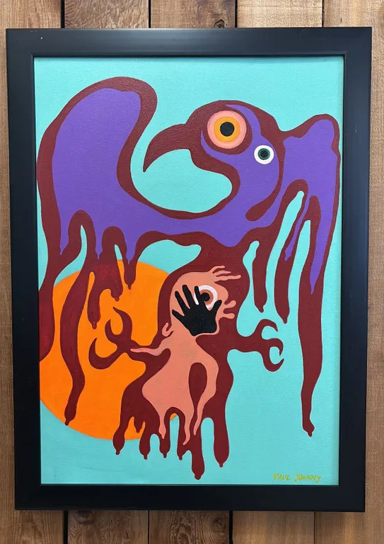 ORIGINAL FIRST NATIONS FRAMED OIL ON CANVAS BY PAUL JOHNNY: APPROX. 31" X 23"