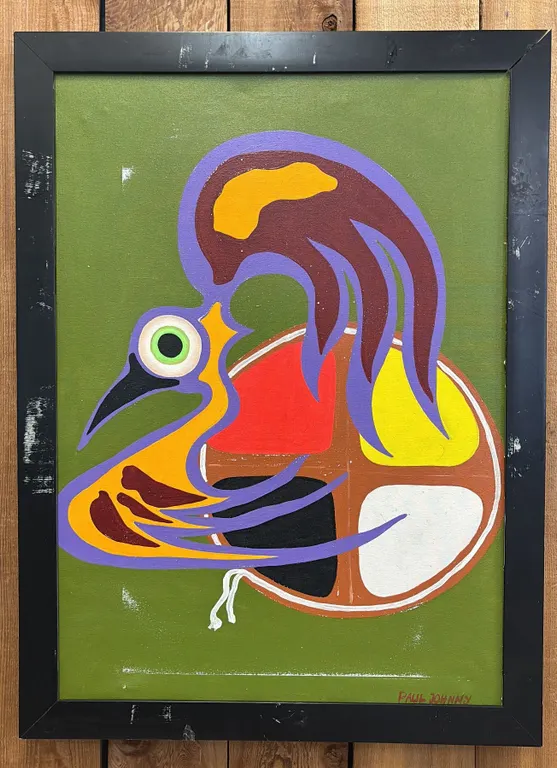 ORIGINAL FIRST NATIONS FRAMED OIL ON CANVAS BY PAUL JOHNNY: APPROX. 31" X 23"