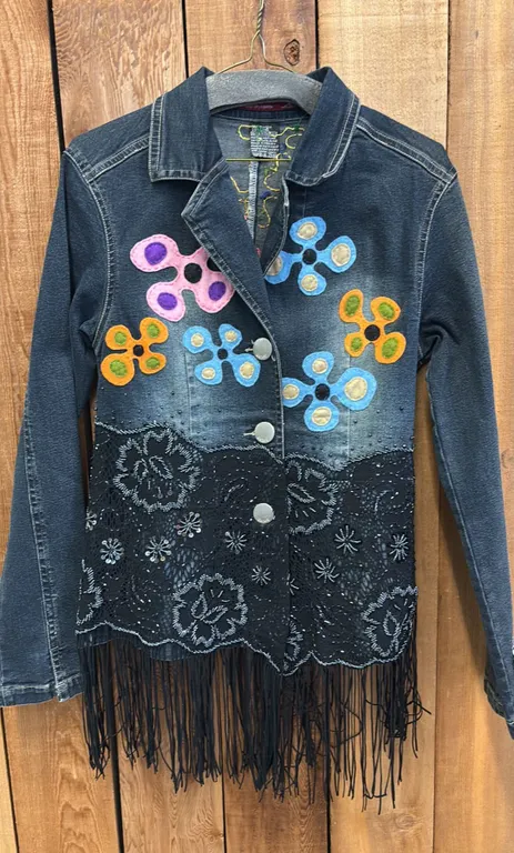 ORIGINAL PAUL JOHNNY WEARABLE ART DENIM JACKET WITH HAND-STICHED FLANNEL & BEAD APPLIQUE DESIGN