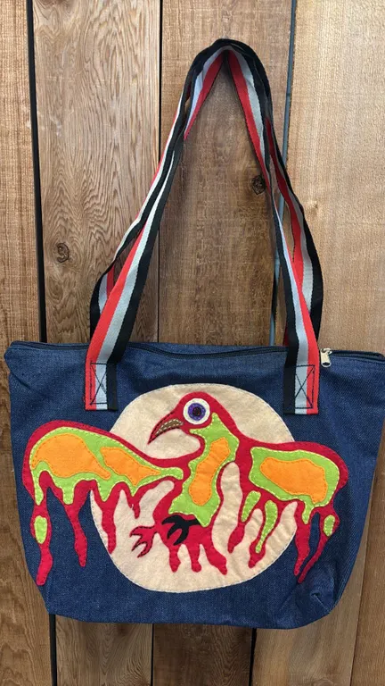 ORIGINAL PAUL JOHNNY WEARABLE ART DENIM BAG WITH HAND-STITCH FLANNEL APPLIQUE DESIGN
