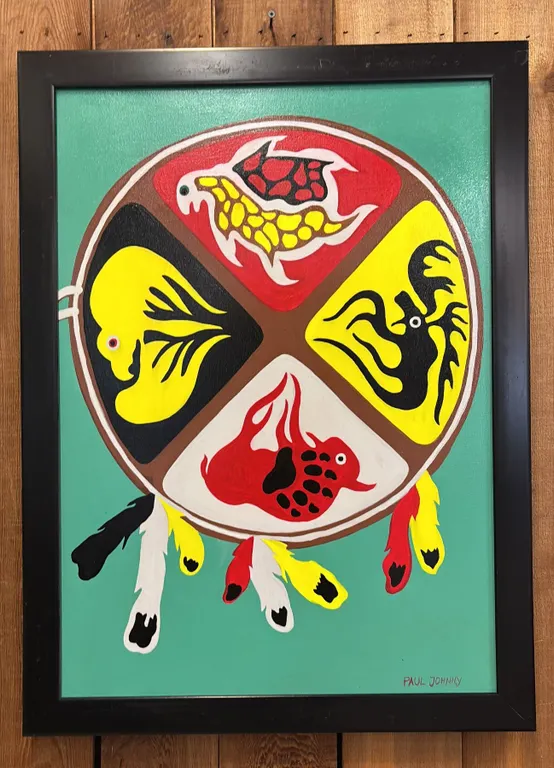 ORIGINAL FIRST NATIONS FRAMED OIL ON CANVAS BY PAUL JOHNNY: APPROX. 31" X 23"