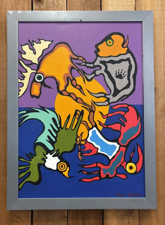 ORIGINAL FIRST NATIONS FRAMED OIL ON CANVAS BY PAUL JOHNNY: APPROX. 31" X 23"