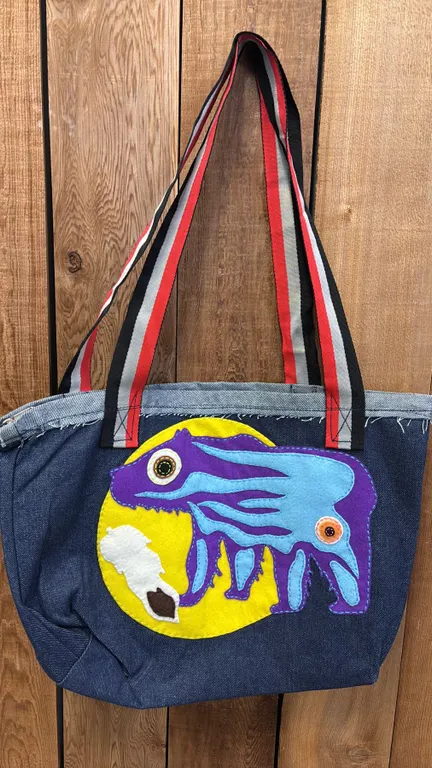 ORIGINAL PAUL JOHNNY WEARABLE ART DENIM BAG WITH HAND-STITCH FLANNEL APPLIQUE DESIGN