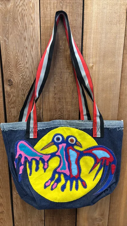 ORIGINAL PAUL JOHNNY WEARABLE ART DENIM BAG WITH HAND-STITCH FLANNEL APPLIQUE DESIGN