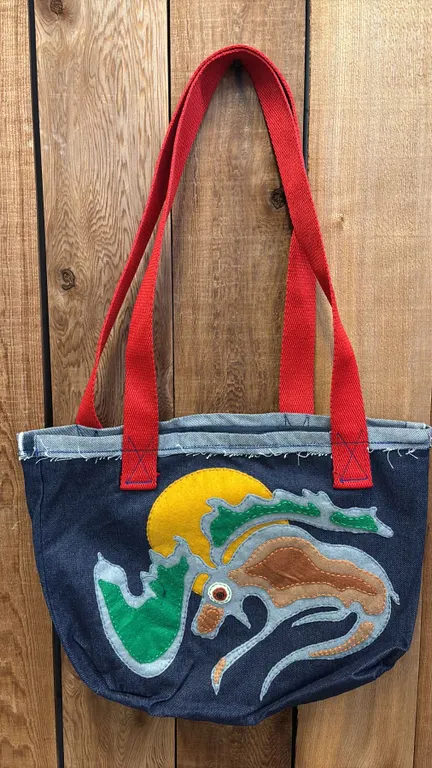 ORIGINAL PAUL JOHNNY WEARABLE ART DENIM BAG WITH HAND-STITCH FLANNEL APPLIQUE DESIGN