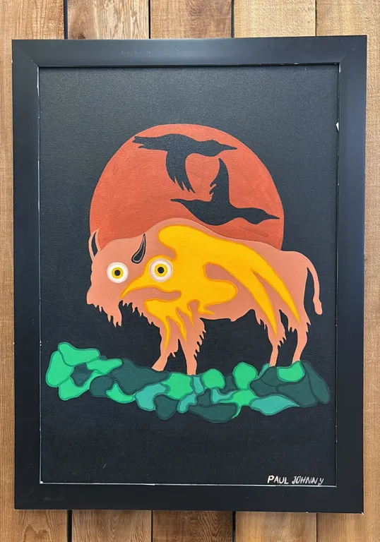 ORIGINAL FIRST NATIONS FRAMED OIL ON CANVAS BY PAUL JOHNNY: APPROX. 31" X 23"