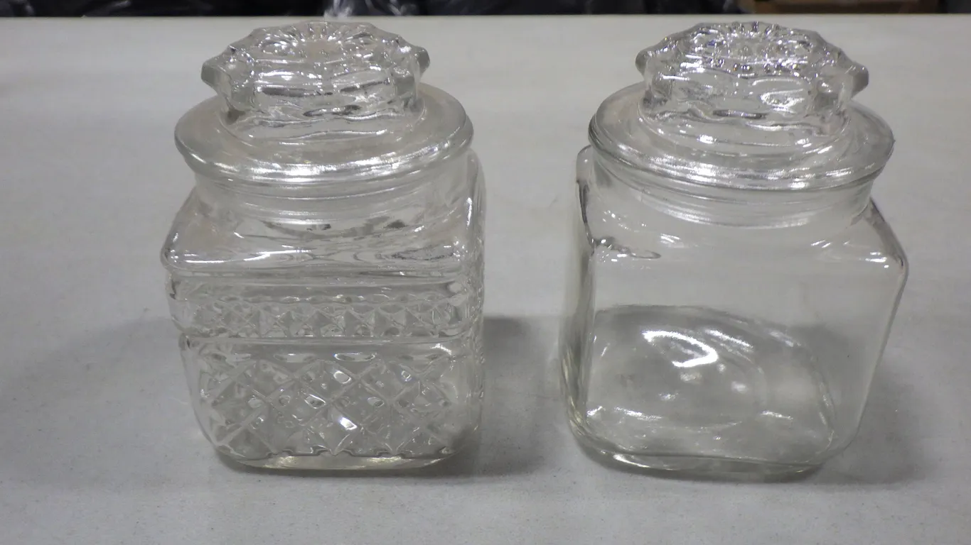 Lot of 15 assorted small glass candy jars with lid (approx. 3"x3"x4")