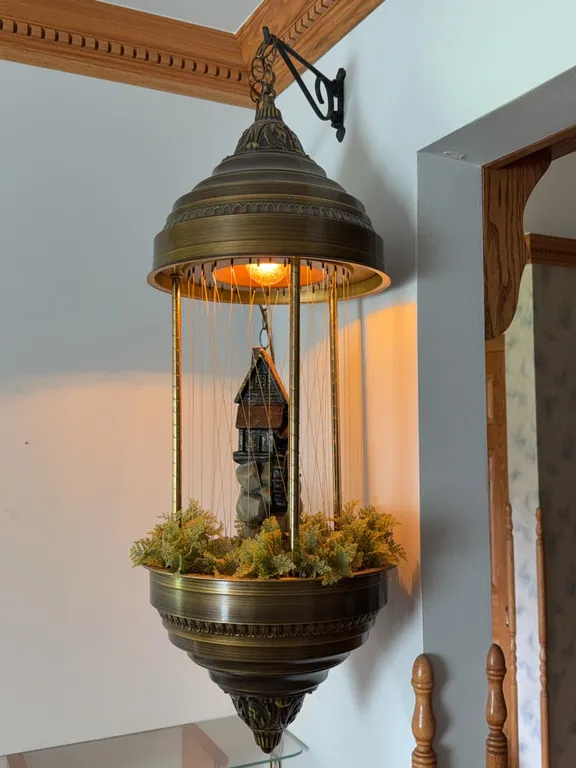 Vintage Hanging Oil Rain Lamp with Mill House Scene