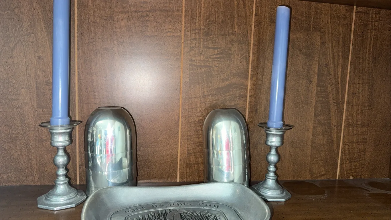 Vintage Pewter Candlesticks, Metal Tumblers & Daily Bread Tray