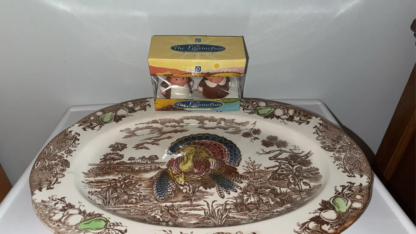 Vintage Turkey Platter & The Pilgrim Pair Salt and Pepper Shakers